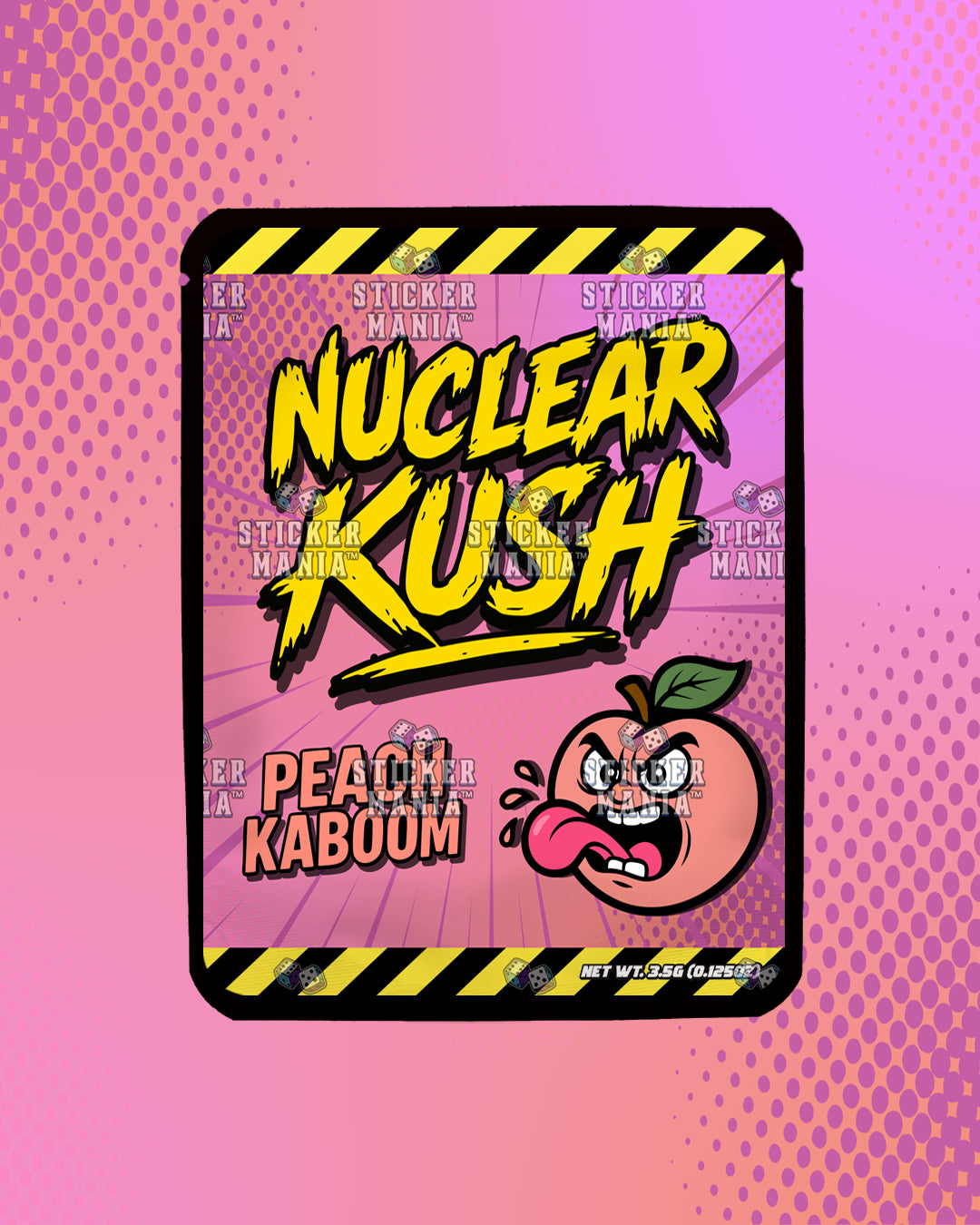 Nuclear Kush Peach Kaboom | Pre-Made Sticker Bag | 3.5g