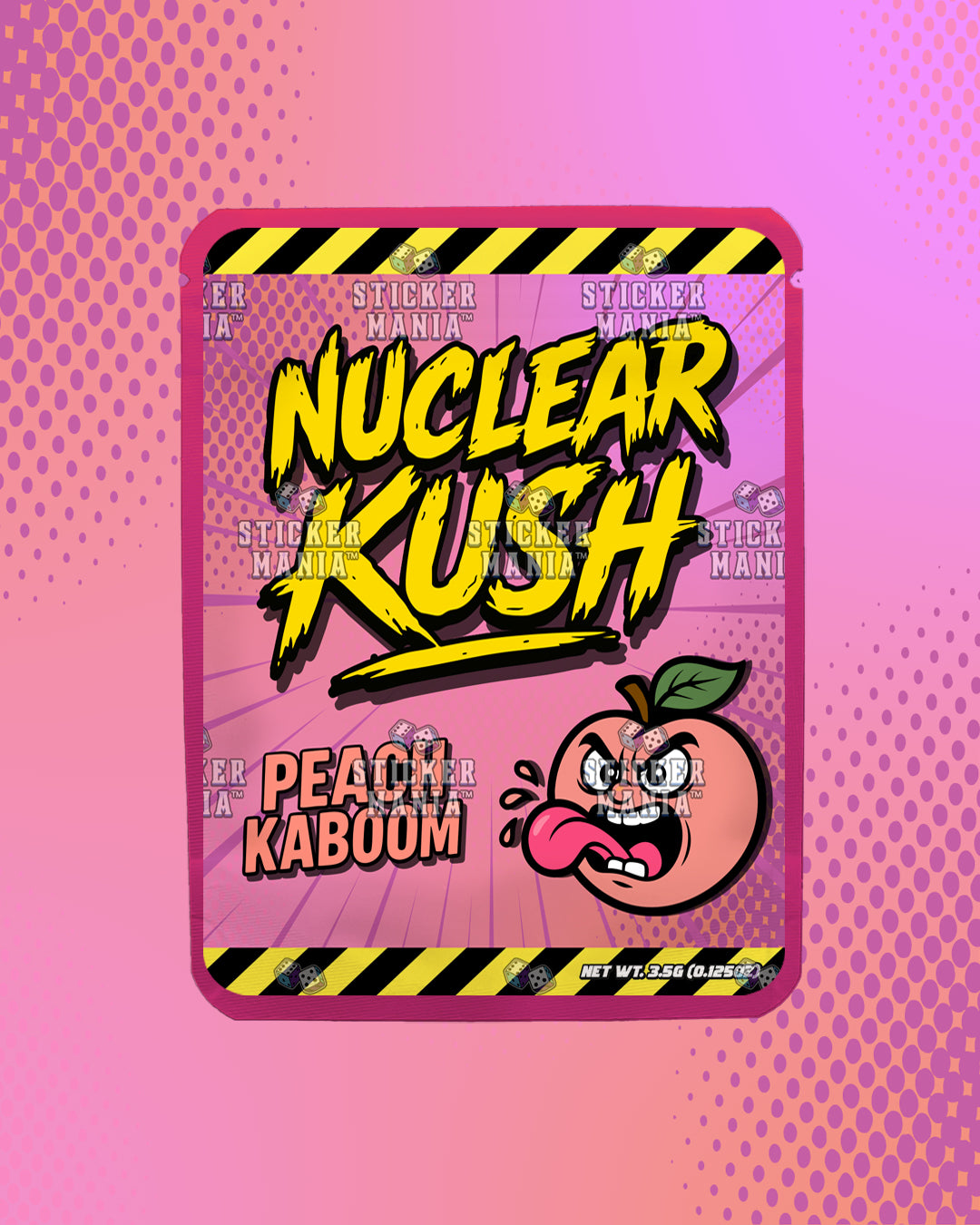 Nuclear Kush Peach Kaboom | Pre-Made Sticker Bag | 3.5g