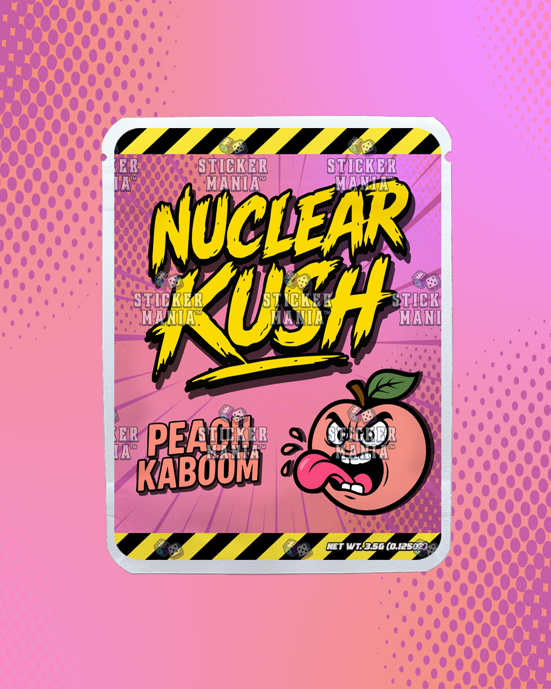 Nuclear Kush Peach Kaboom | Pre-Made Sticker Bag | 3.5g